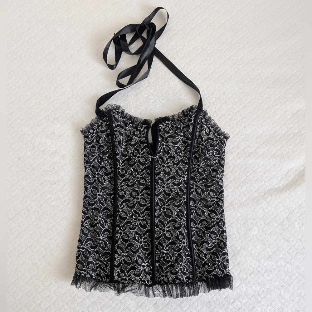 Victoria's Secret Black Silver Metallic Sheer Lace Satin Corset Bustier, size S